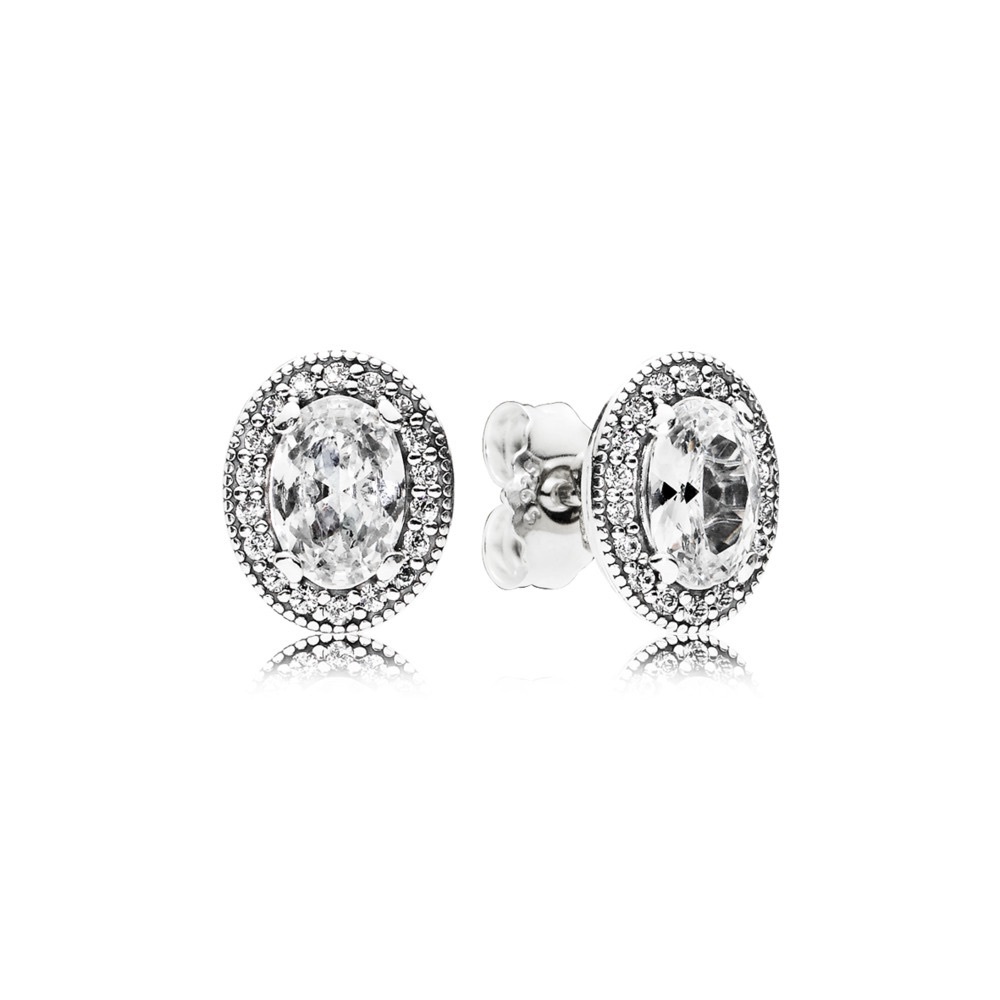 Pandora oval Silver & crystal Stud Earrings